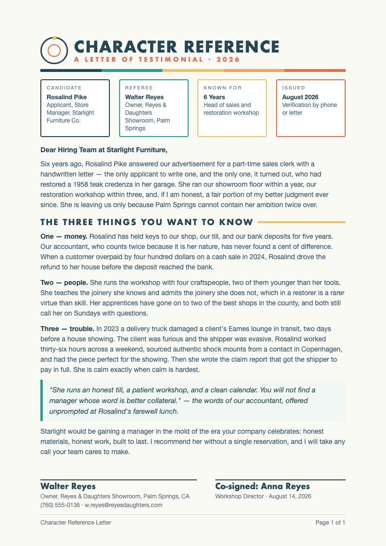 Mid century modern character reference letter